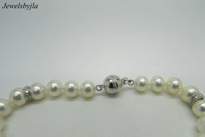 14K White Gold Pretty Cultured Pearl Bracelet With Diamond Rondelles 0.40 Cts