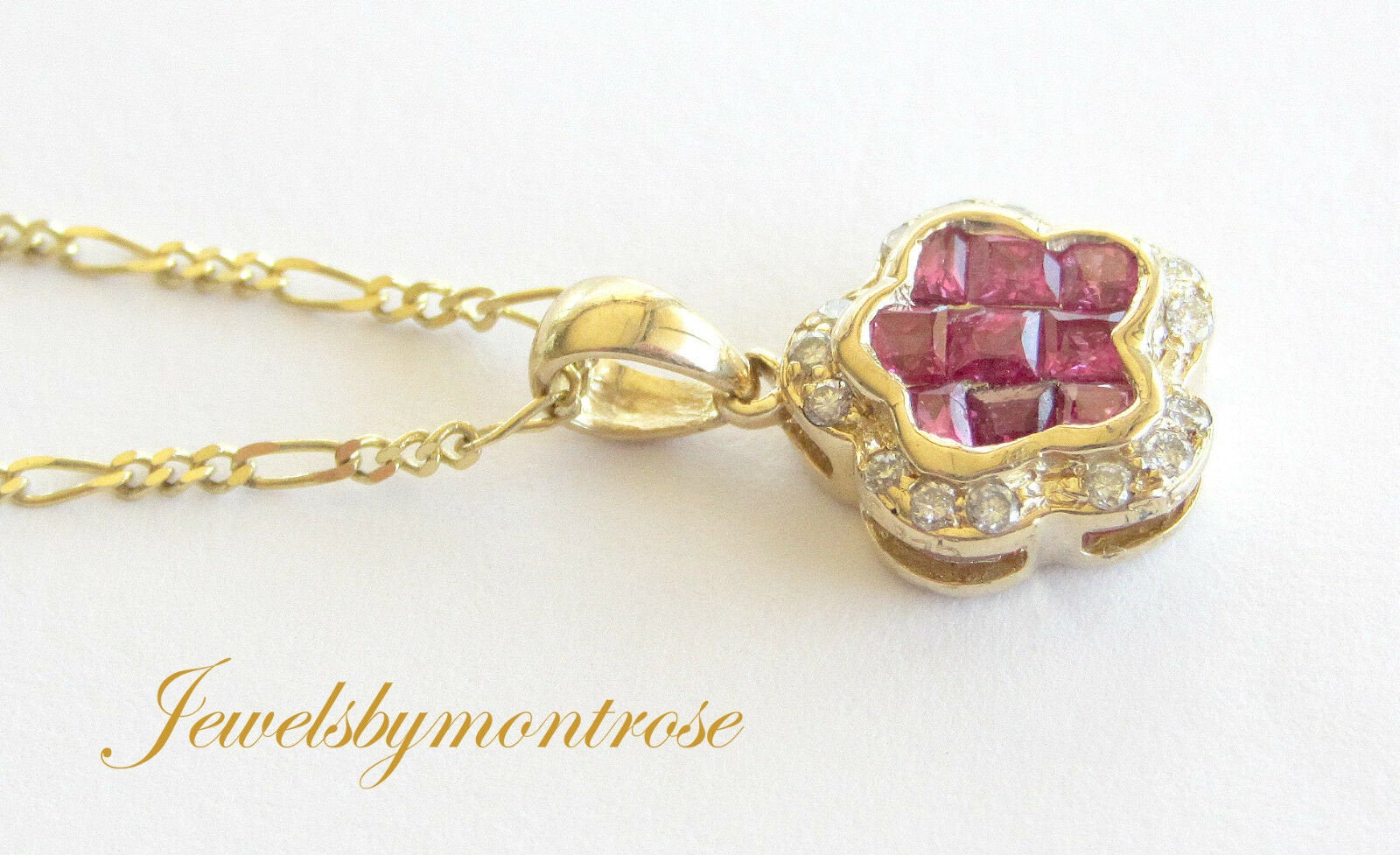 14K Pretty Yellow Gold Red Ruby Flower Pendant With Diamonds 14K Figaro Chain.