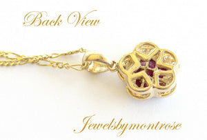 14K Pretty Yellow Gold Red Ruby Flower Pendant With Diamonds 14K Figaro Chain.