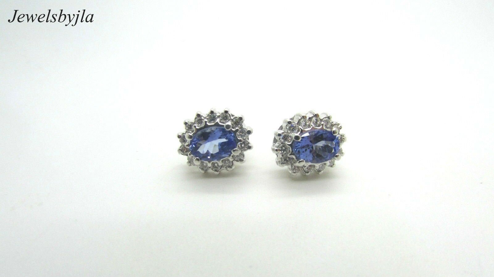 14K Pretty Oval Shaped White Gold Earrings With Tanzanite And Diamond Stones