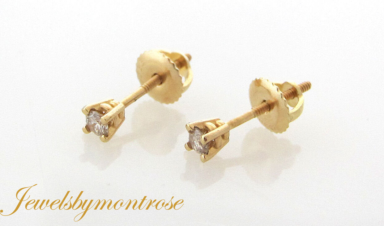 14K Pretty Yellow Gold Stud Earrings .17 Points Round Diamond Prong Set