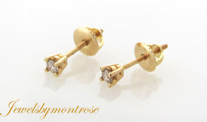 14K Pretty Yellow Gold Stud Earrings .17 Points Round Diamond Prong Set