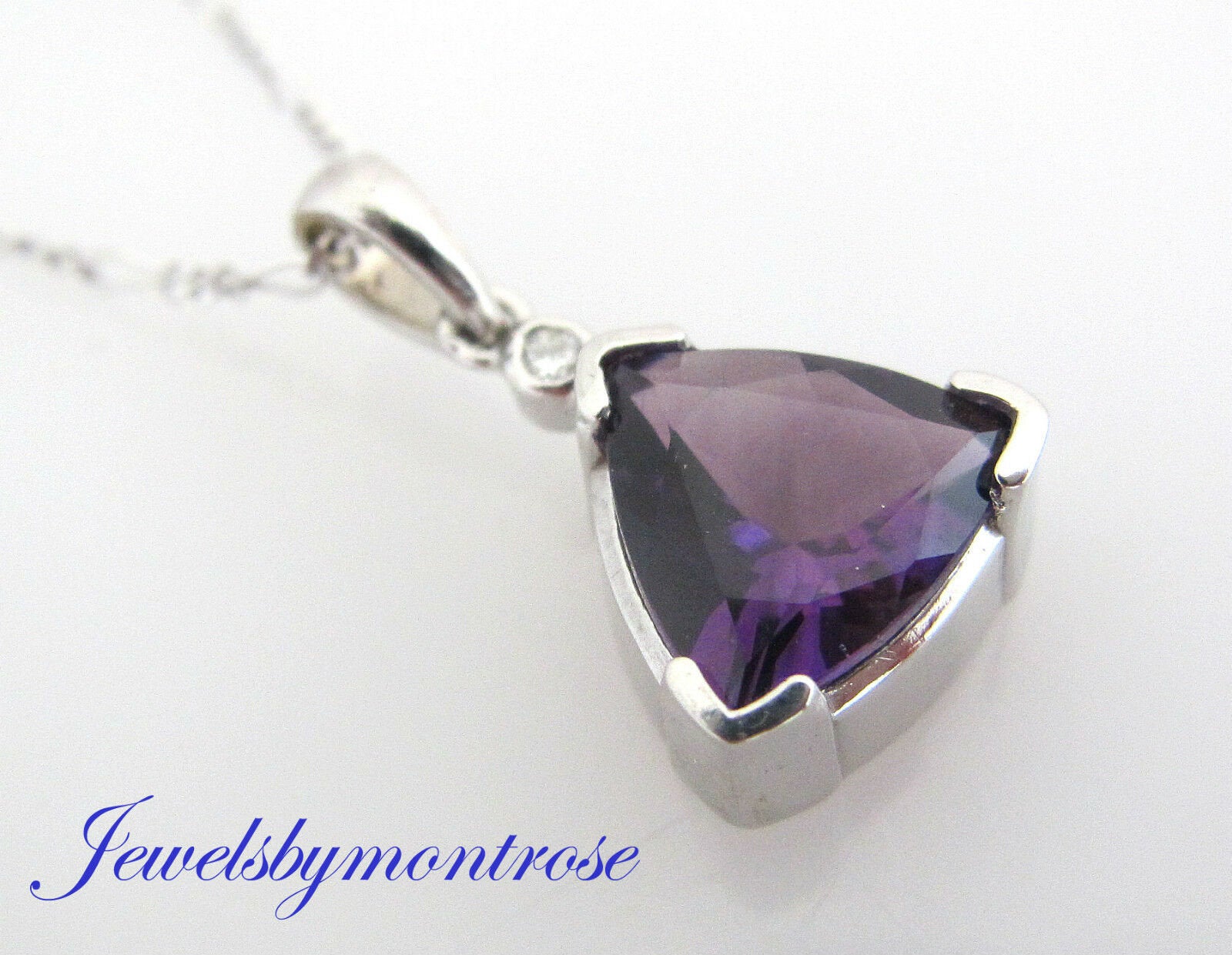 14K Pretty White Gold Triangular Amethyst Pendant With Round Diamond 0.80 Cts