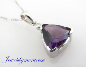 14K Pretty White Gold Triangular Amethyst Pendant With Round Diamond 0.80 Cts