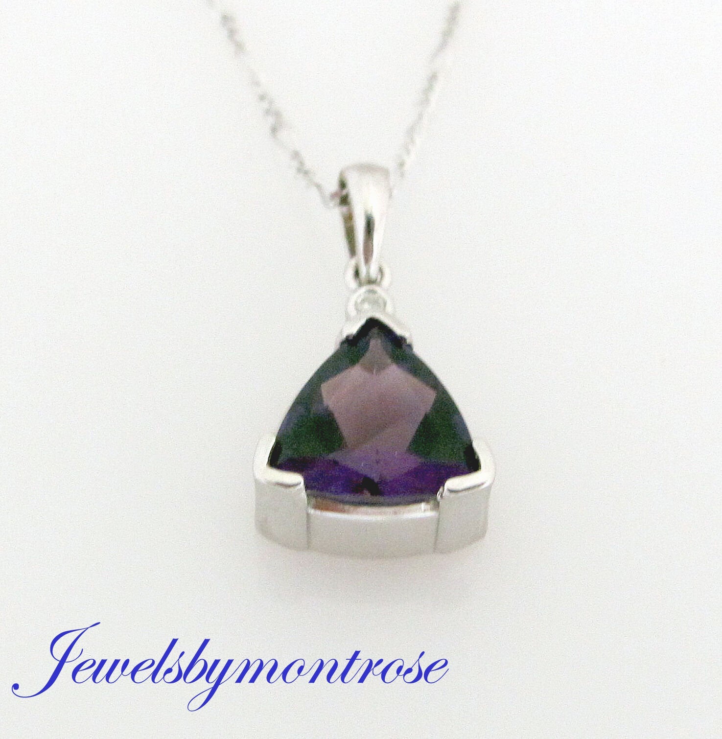 14K Pretty White Gold Triangular Amethyst Pendant With Round Diamond 0.80 Cts