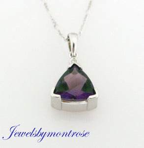 14K Pretty White Gold Triangular Amethyst Pendant With Round Diamond 0.80 Cts