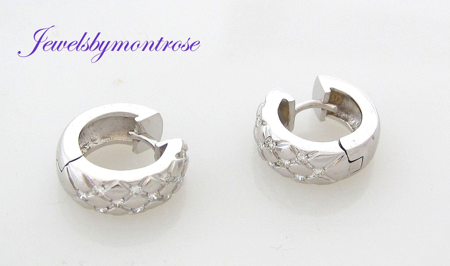 14K White Gold Earrings Huggies Set With Diamonds 0.30 Carats Weight 9.6 Grams.