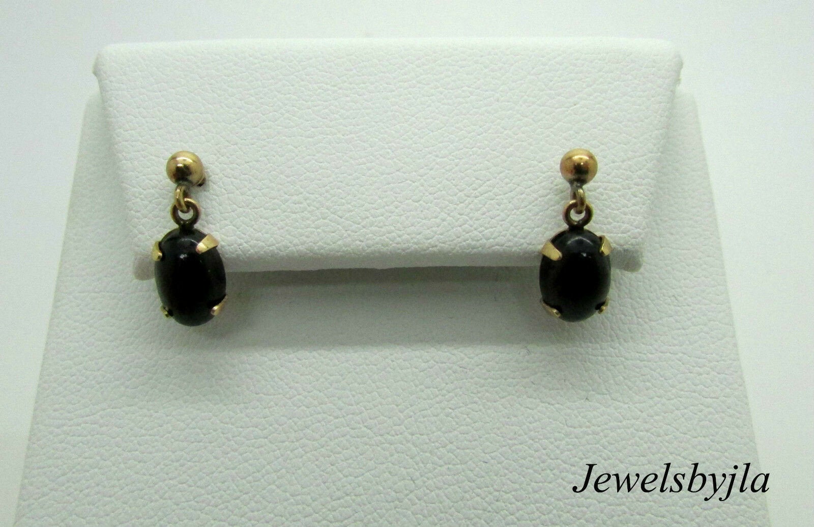 14K Pretty Yellow Gold Cabochon Oval Onyx Drop/Dangling Earrings 2 Cts