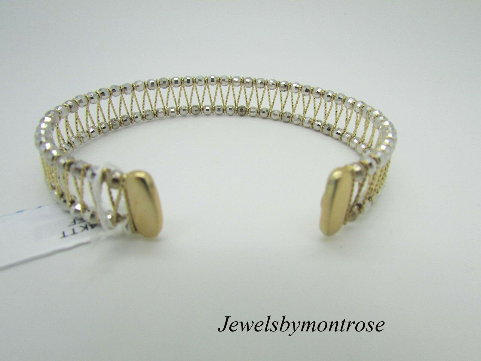 14K Yellow Gold Cuff Bracelet With White Gold Diamond Cut Weaved Design 15 Grams