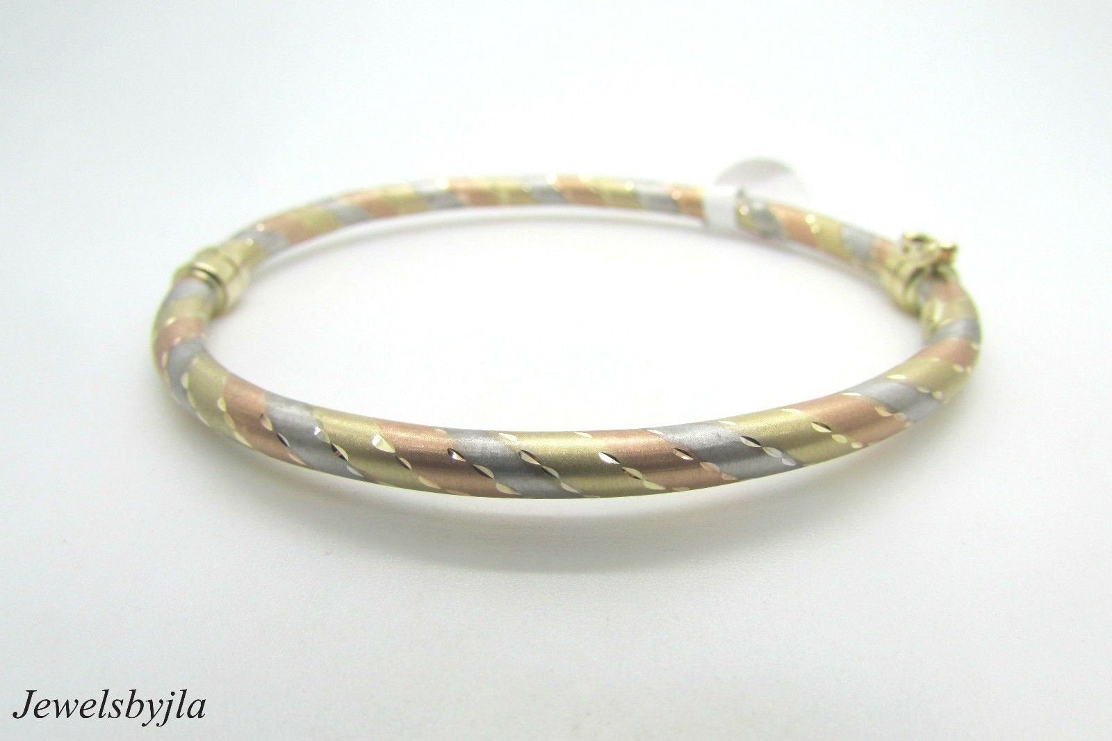 14K Pretty Multi Tone Gold High Polished Bangle With Vertical Stripes 7.8 Grams