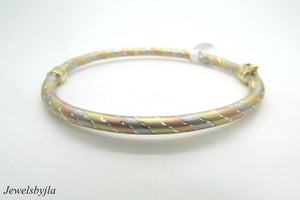 14K Pretty Multi Tone Gold High Polished Bangle With Vertical Stripes 7.8 Grams