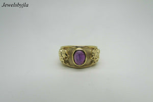 14K Yellow Gold Pretty Oval Shaped Cabochon Amethyst Ring With Lion Size 8