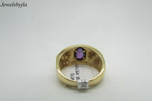 14K Yellow Gold Pretty Oval Shaped Cabochon Amethyst Ring With Lion Size 8