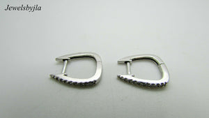 14K White Gold Square Polished Huggie Earrings With Diamonds 0.15 Cts 1.7 Grams