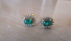 14K Pretty Yellow Gold Oval Emerald Stone Earrings With Round Diamonds 1.85 Cts