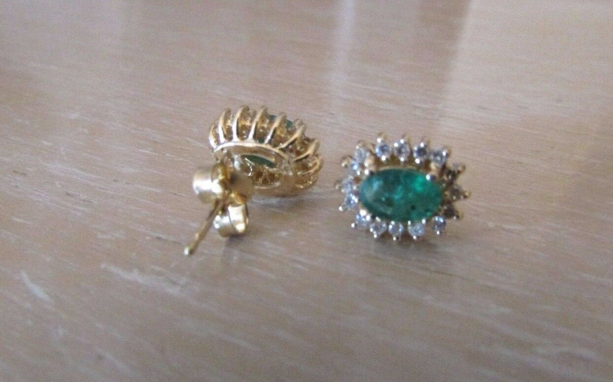 14K Pretty Yellow Gold Oval Emerald Stone Earrings With Round Diamonds 1.85 Cts