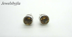 14K Pretty White Gold Citrine Stud Earrings Round Faceted Cabochon Bezel