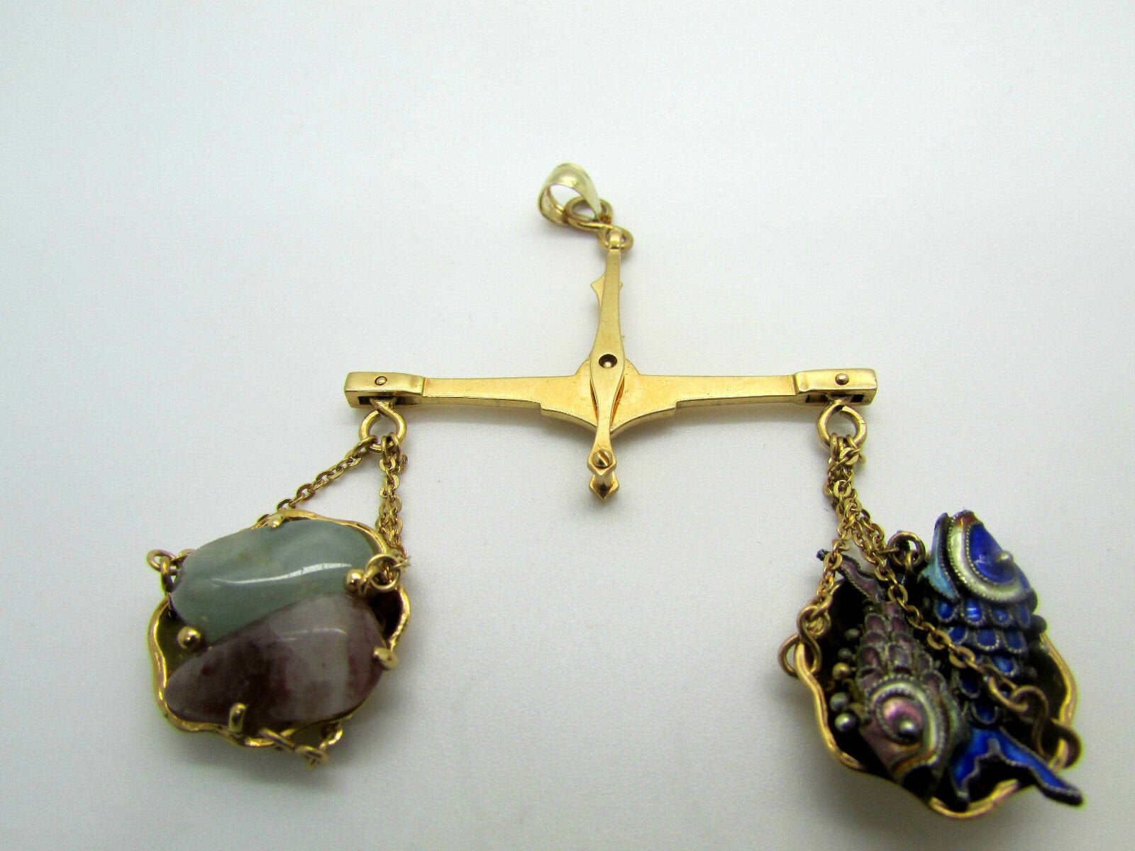 18K Yellow Gold Antique Market Scale Pendant/Pin Green And Pink Quartz And Fish