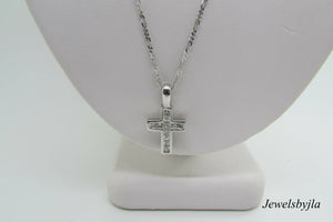 14K Pretty White Gold Cross Pendant With Border and Princess Cut Diamonds 0.50 Cts