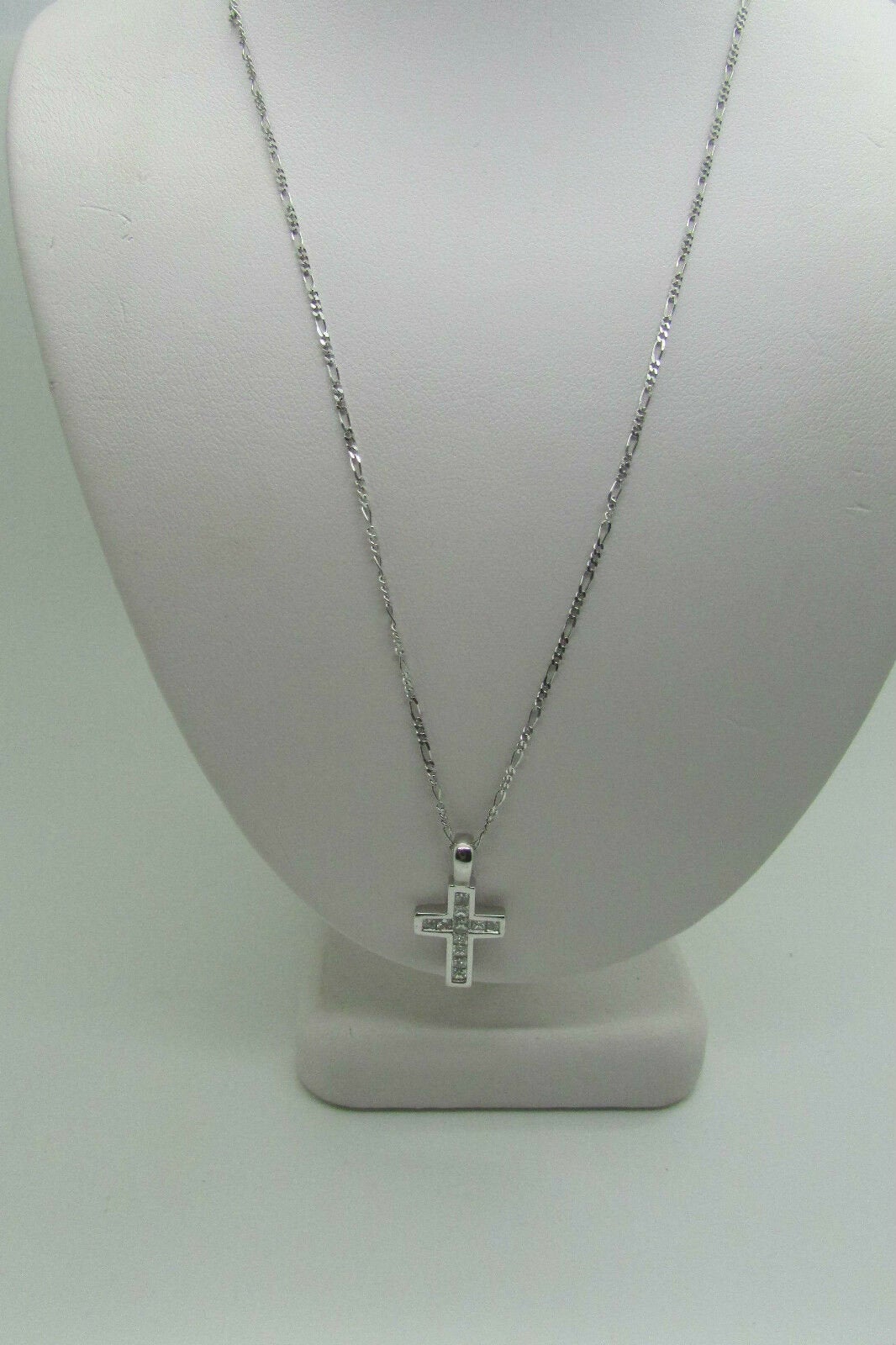 14K Pretty White Gold Cross Pendant With Border and Princess Cut Diamonds 0.50 Cts