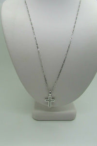 14K Pretty White Gold Cross Pendant With Border and Princess Cut Diamonds 0.50 Cts