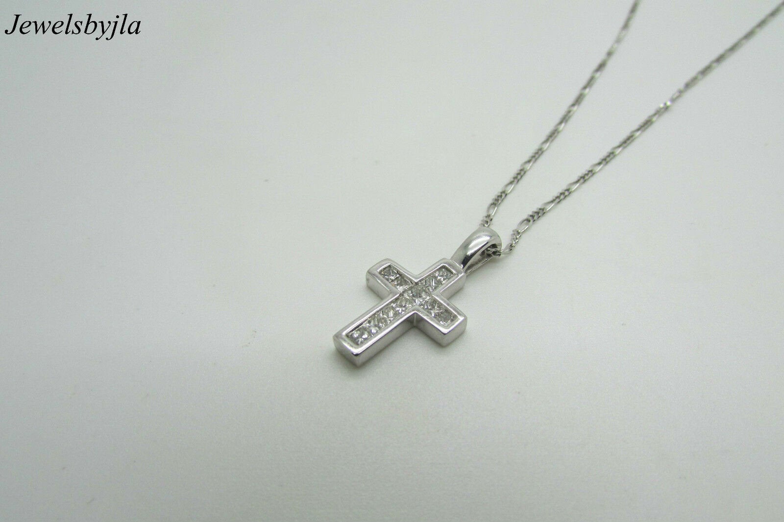 14K Pretty White Gold Cross Pendant With Border and Princess Cut Diamonds 0.50 Cts