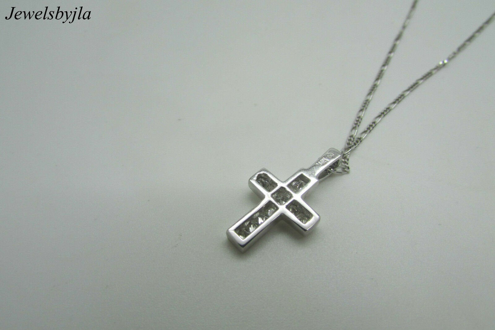 14K Pretty White Gold Cross Pendant With Border and Princess Cut Diamonds 0.50 Cts