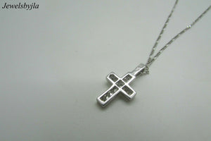 14K Pretty White Gold Cross Pendant With Border and Princess Cut Diamonds 0.50 Cts