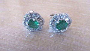 18K Pretty White Gold Round Emerald Earrings With Taper Baguette Diamonds 3.1 Gr