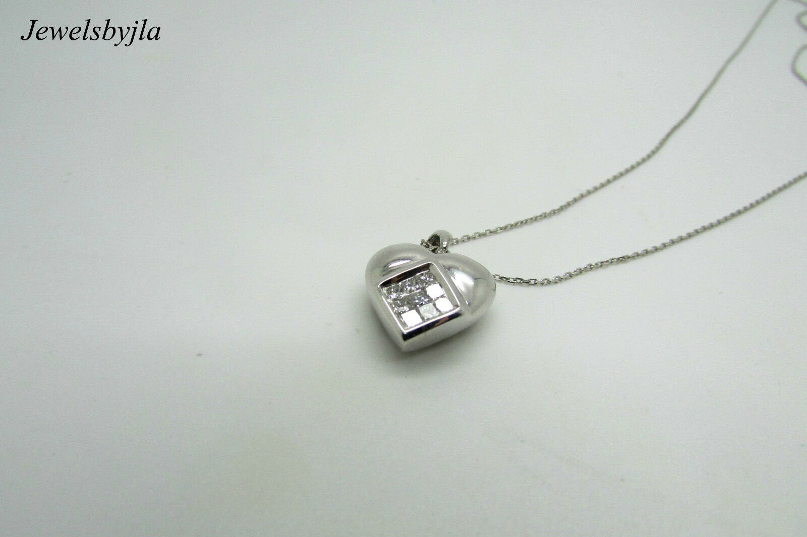 18K White Gold Pretty Puffed Heart Pendant With Princess Cut Diamonds 0.26 Cts