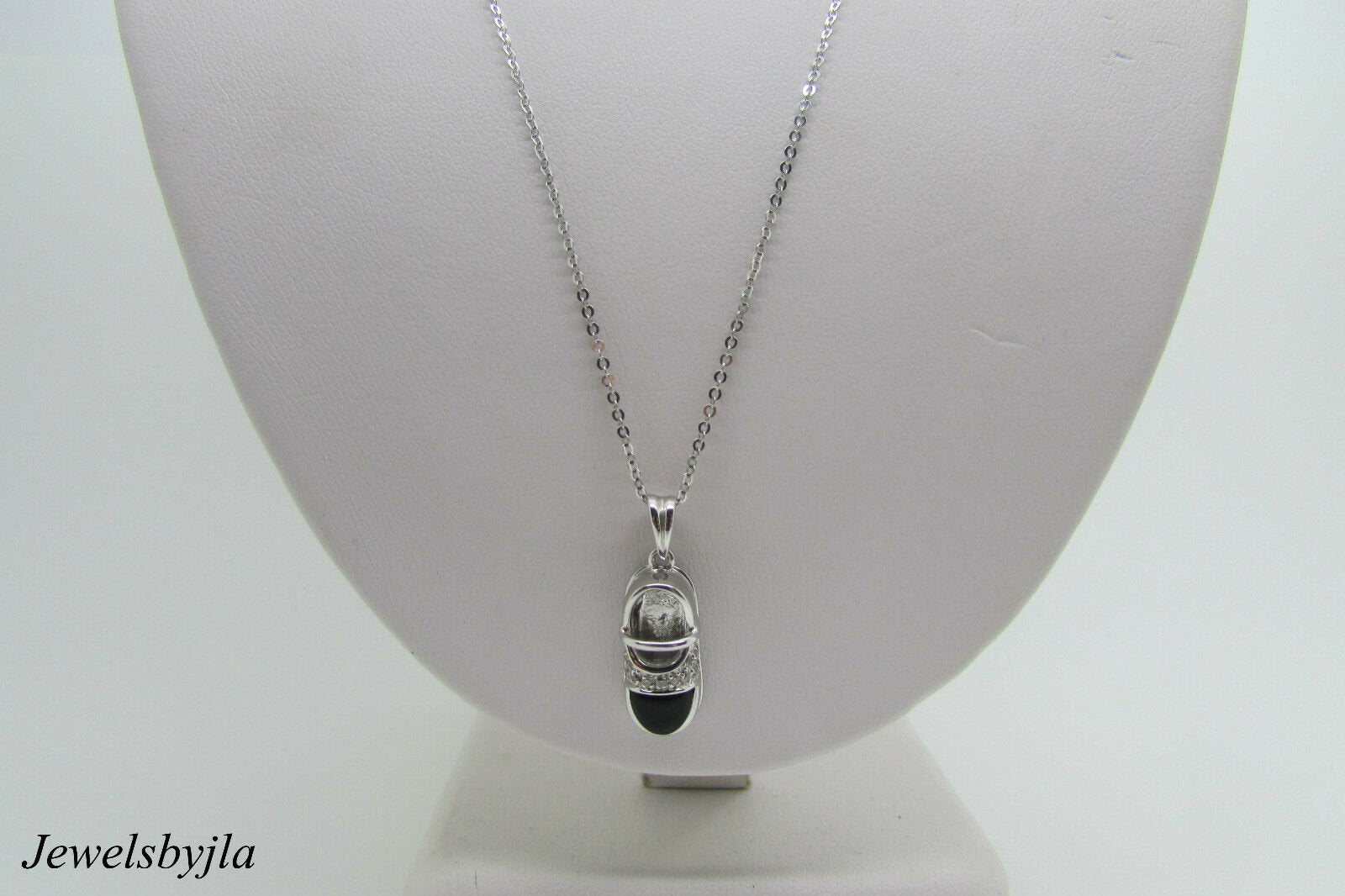 14K White Gold Pretty Onyx Shoe Charm Pendant With Diamonds .10 Cts 3.6 Grams