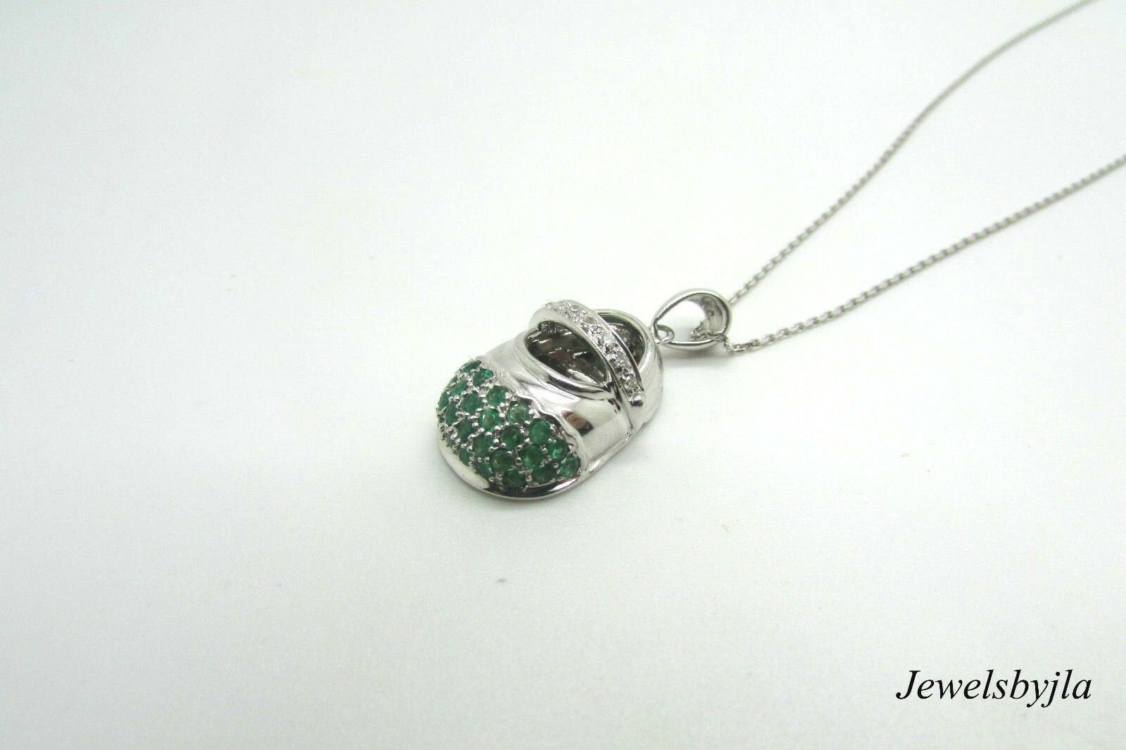 14K Pretty White Gold Emerald Stones Shoe Pendant With Round Diamonds .52 Cts