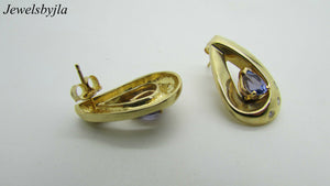 14K Pretty Yellow Gold Hanging Oval Tanzanite Earrings and Round Diamonds 1.21 Cts