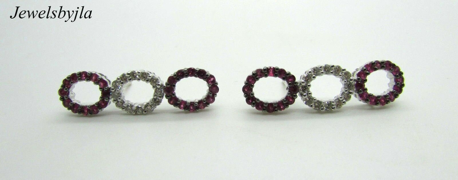 14K Pretty White Gold Vertical Three Ovals Sapphire Dangling Earrings W/ Diamond