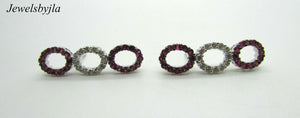 14K Pretty White Gold Vertical Three Ovals Sapphire Dangling Earrings W/ Diamond