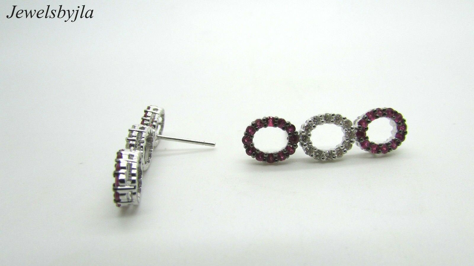 14K Pretty White Gold Vertical Three Ovals Sapphire Dangling Earrings W/ Diamond