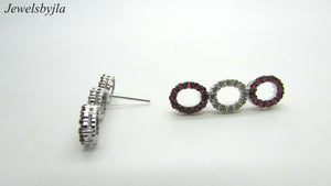 14K Pretty White Gold Vertical Three Ovals Sapphire Dangling Earrings W/ Diamond