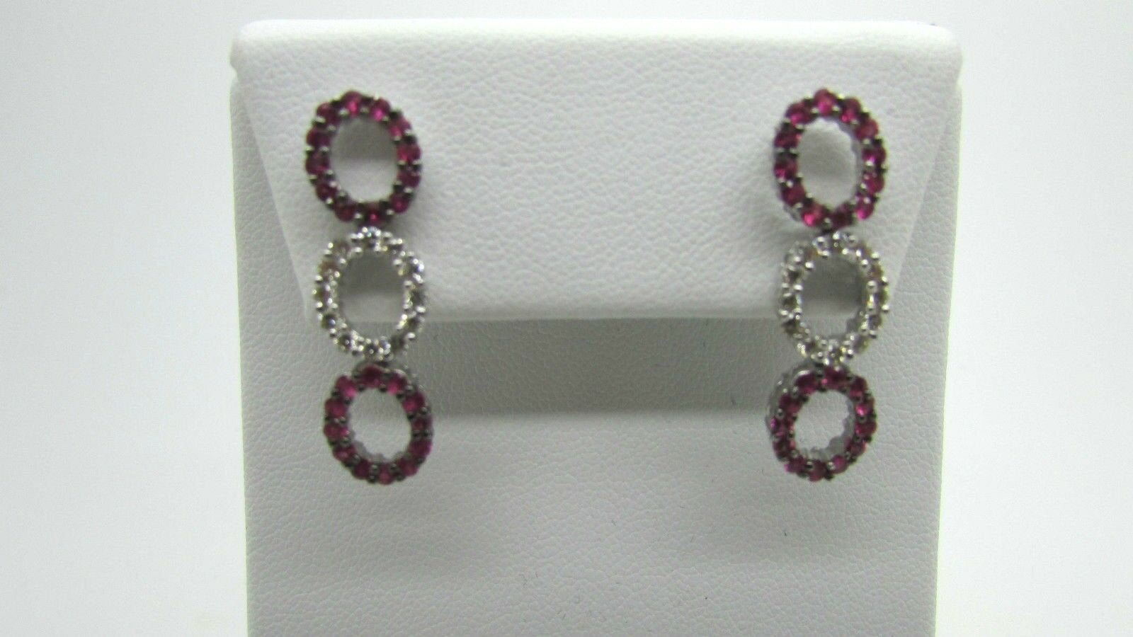 14K Pretty White Gold Vertical Three Ovals Sapphire Dangling Earrings W/ Diamond