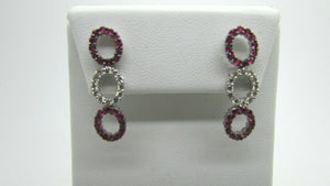 14K Pretty White Gold Vertical Three Ovals Sapphire Dangling Earrings W/ Diamond