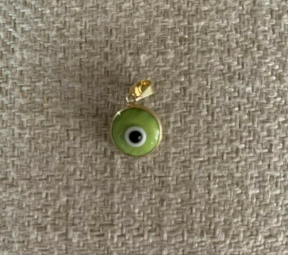 14K Pretty Yellow Gold Green Circle Evil Eye Pendant