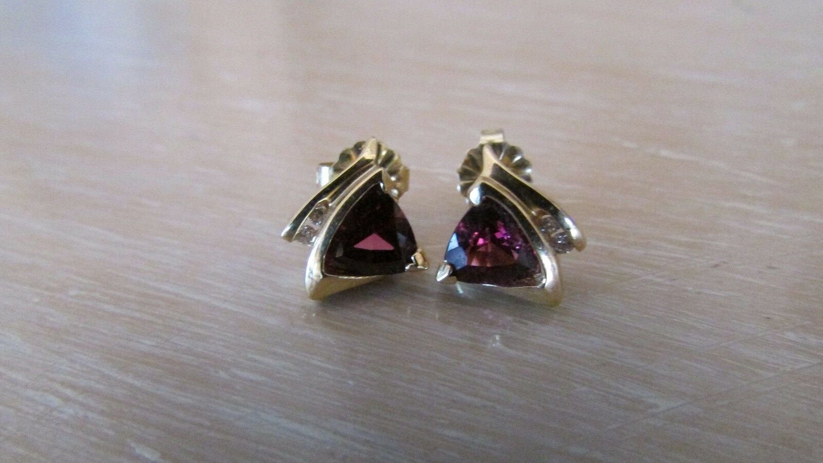 14K Pretty Yellow Gold Garnet Trillion Cut Garnet Earrings With Diamonds