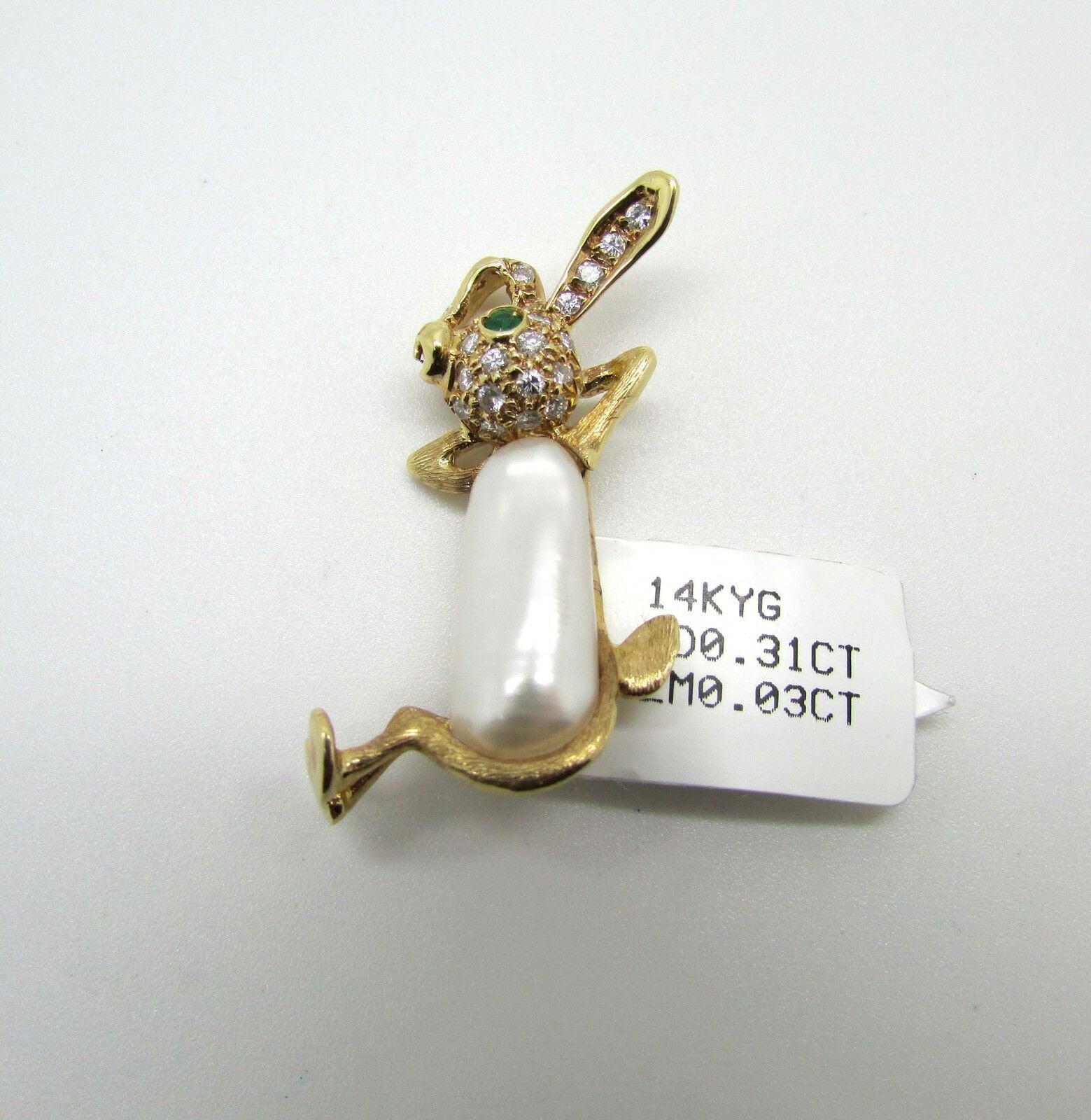 14K Yellow Gold Fresh Water Pearl Pendant/Brooch Bunny With Diamonds 0.31 Cts