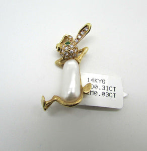 14K Yellow Gold Fresh Water Pearl Pendant/Brooch Bunny With Diamonds 0.31 Cts