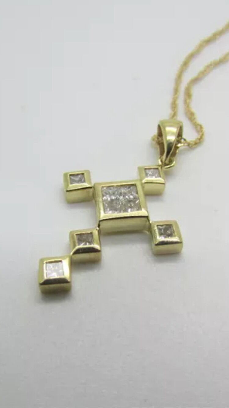 14K Pretty Yellow Gold Cross Pendant With Princess Cut Diamonds 0.35 Cts