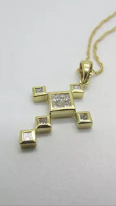 14K Pretty Yellow Gold Cross Pendant With Princess Cut Diamonds 0.35 Cts