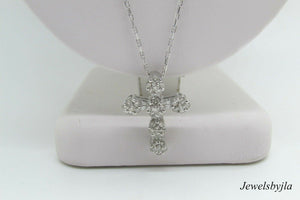14K White Gold Clustered Cross Pendant With Round Diamonds and Baguettes 0.99 Cts