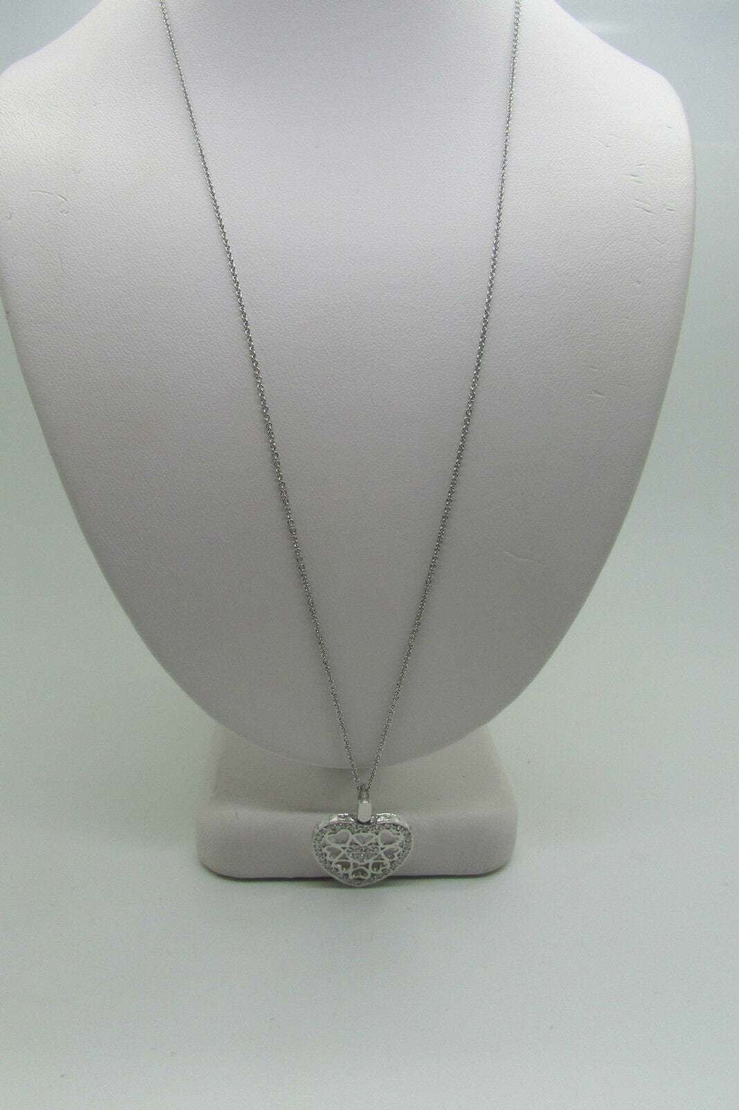 18K Pretty White Gold Heart Within A Heart Pendant and Round Diamonds 0.42 Cts