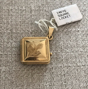 14K Yellow Gold Pretty Square Locket Pendant/Charm With Flower Design Italy