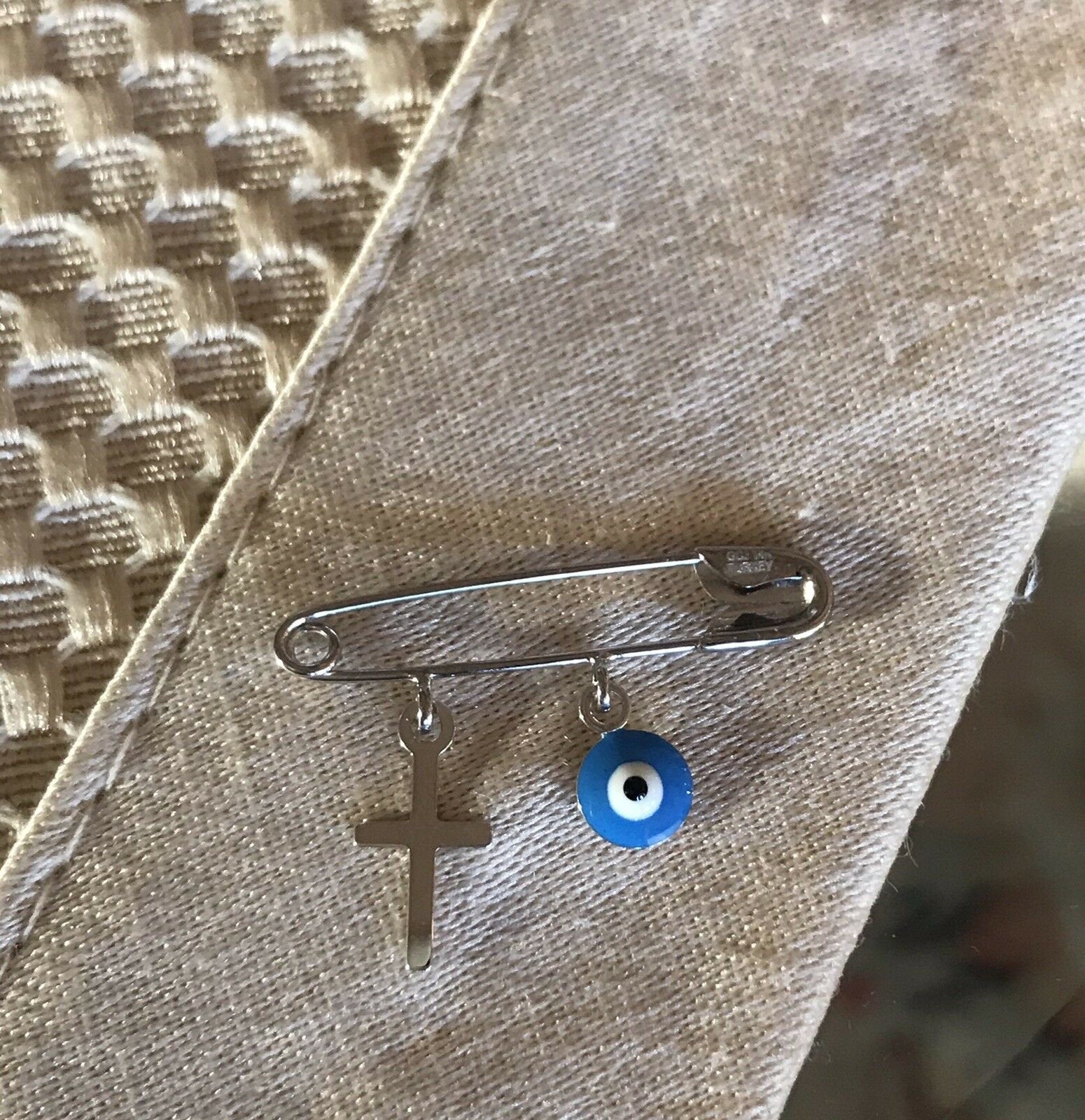 14K Pretty White Gold Blue Evil Eye Safety Pin With Cross