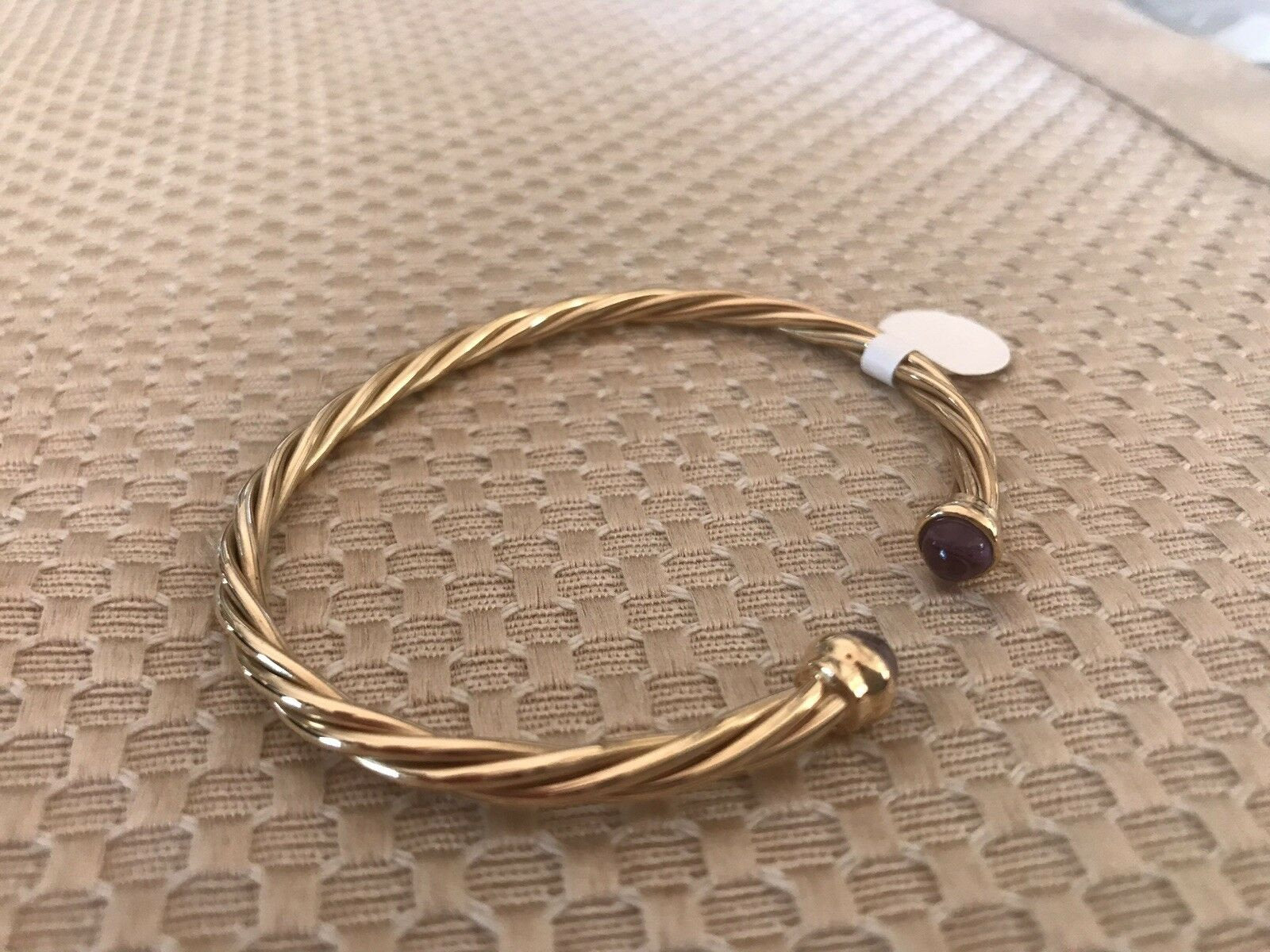 14K Pretty Yellow Gold Polished Twisted Cuff Bracelet With Amethyst Circle Ends